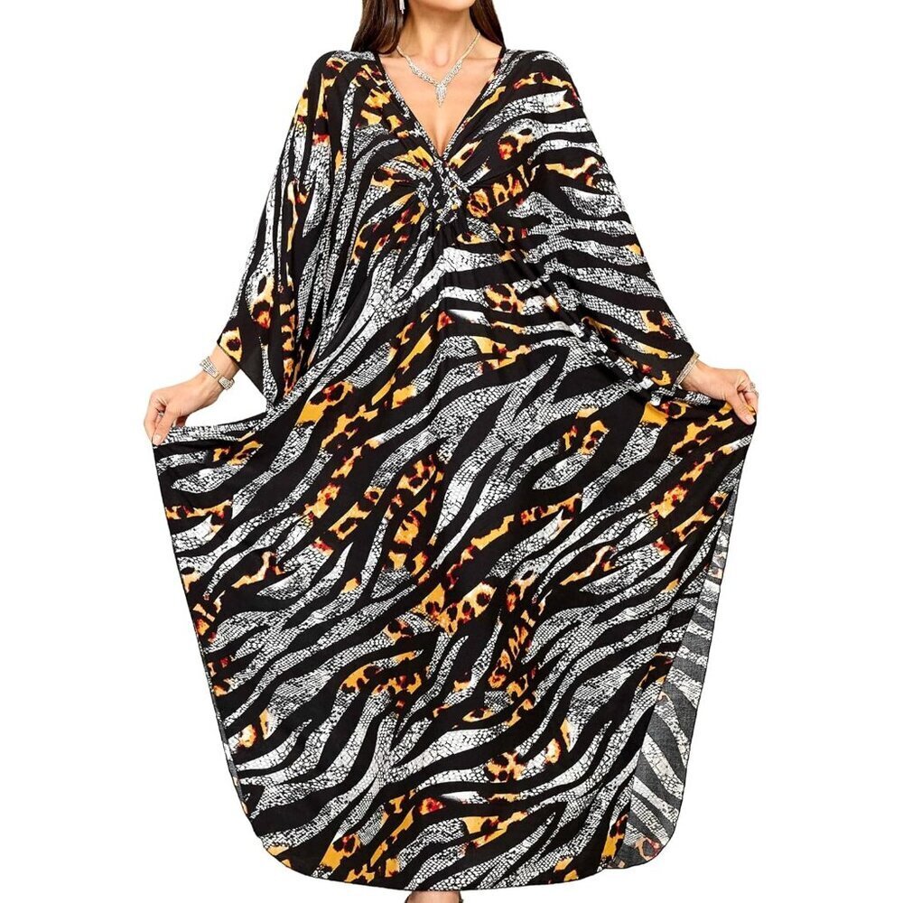 Women's Black and Grey Zebra V-Neck Batwing Sleeves Summer Cover Up Kaftan Dress